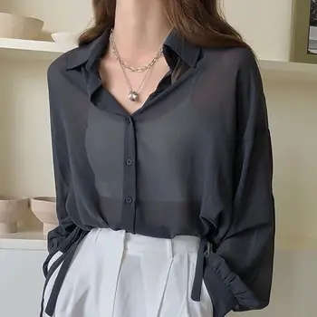 2023 Риза за жени, блуза с дълъг ръкав, шифоновые свободни върховете голям размер, Лятна жилетка, тънки секси обикновена ежедневни ризи