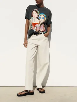 Нова дамски модни универсална тениска с кръгло деколте и къси ръкави в стил ретро в контрастен цвят, с ефект на пране и девчачьим принтом