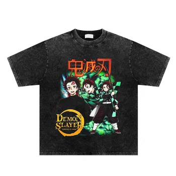 Лятна выстиранная тениска Harajuku с къс ръкав, реколта выстиранная тениска с аниме Demon Slayer, градинска дрехи, свободни тениски с мангой