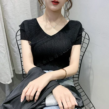 Женска тениска, черен V-образно деколте, къс ръкав, женски обикновена върхове, корейската версия, тениски, женски Лятото на 2022