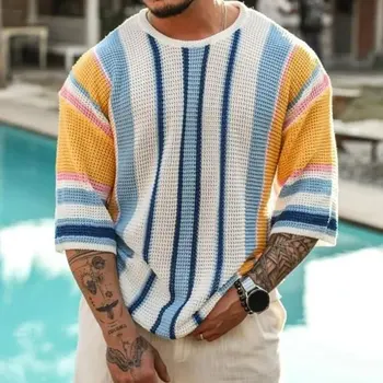 butemoda Мъжки модерен цветен шарени мрежест тънък вязаный пуловер, мъжки летен пуловер