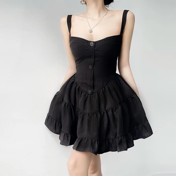 Коварен плиссированное женствена рокля на копчета Лято 2023, секси Черна Мини-дамски дрехи-високо Качество