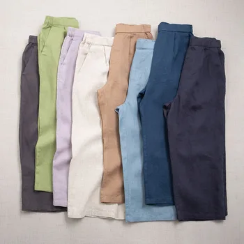 Пролетно-летни дамски свободни универсални панталони в японски стил, удобни естествени ленени панталони 14*14 с еластична гумена лента на талията, широки панталони