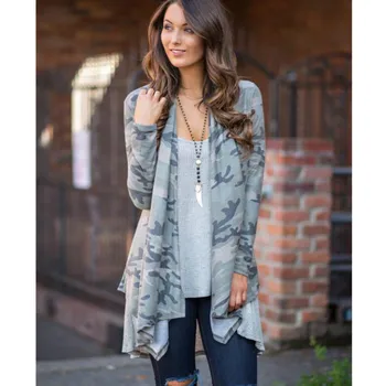 Луксозен женски жилетка с камуфляжным принтом, дълго палто неправилни форми, ежедневното палто с дълги ръкави, потници с волани