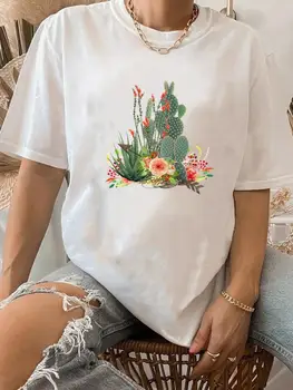 Тениска с принтом, дрехи, летен топ, основно женско растение кактус, тенденция облекло в стил 90-те, модна тениска с къс ръкав, графични тениски