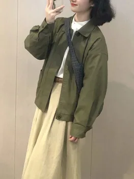 Корейската градинска дрехи, дамски къс яке, палто, однотонная ветровка с дълъг ръкав, дамски демисезонная яке-бомбер в стил харадзюку