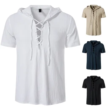 2023 Нови мъжки ризи с V-образно деколте, Риза, Лятна Мъжка фланелка, с къси ръкави и качулка, Памучен и бельо Casual Мужск...