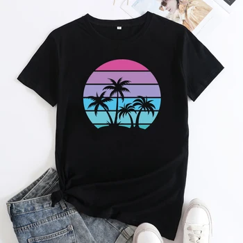 Тениска Palm Tree Sunset Island, эстетичные дамски тениски с тропически плажни флюидами, ретро тениска за семейни летни ваканции, топ