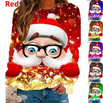 (9 стилове) Коледно облекло 2023, Новата модерна дамска тениска с образа на Дядо Коледа с 3D дигитален печат за тийнейджъри, тениски с дълъг ръкав