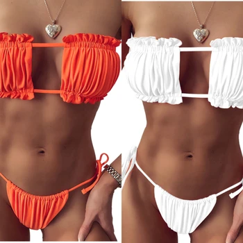 2021 Нов дамски комплект Бикини от дантела-без ръкави, с принтом, плажен бански костюми, Летни Меки Сутиени, Гащи за плуване, Бикини, Женски бански