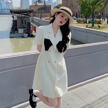 Двубортное рокля-нагоре костюм с лък и къс ръкав за жени 2023, нови Летни елегантни ежедневни мини рокли в корейски стил 7720