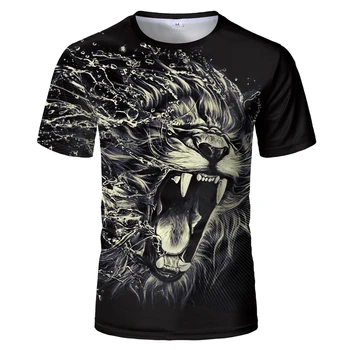 Мъжка тениска с 3D-принтом в черно-бял цвят и животните модел Лъв 2023, мода лято свободна дишаща бързосъхнеща тениска голям размер
