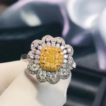 H616 Изискани бижута от настоящето светло-жълт диамант 18 карата 0.88 карата, Сватбени Женски халки за жени, пръстен с малки диаманти