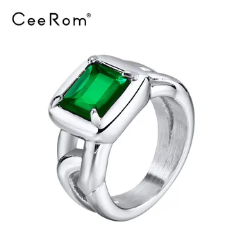 Дамски пръстен със зелен цирконии CeeRom, выдалбливают пръстен от неръждаема стомана Anillos Mujer, мода декорация за партита