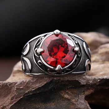 Пънк Реколта пръстени с резба от неръждаема стомана за мъже и жени, пръстени с гравирани цветя от неръждаема стомана с червен камък, модни бижута