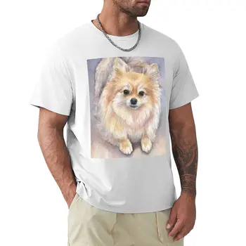 Тениска с акварельным портрет померанского шпиц, черна тениска, мъжки памучен тениска с аниме