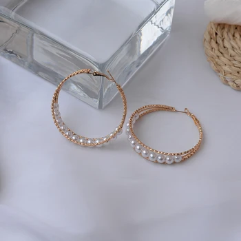 Ins Обици-халки с имитация на перли за жени, модни луксозни обеци с три кръгове, големи обеци за парти, рожден Ден обеци Ефектни обеци