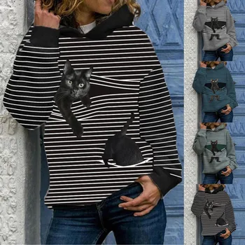 Шарени принт котка, Модерни ежедневни памучни блузи с качулка, Женски ретро-класически пуловери в черно-бяла ивица, Тънки блузи Големи Размери
