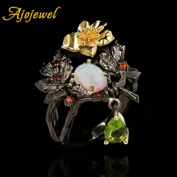 Ajojewel Реколта дамски пръстен със златно цвете и камък-опалом, пръстен с окачване от зелен цирконий, бижута в китайски стил