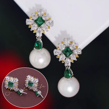 MeiBaPJ Голям естествен кръгли перли са Модерни зелени цирконы Висящи обеци от Сребро 925 проба Изискани сватбени бижута за жени САМ празни притежателя