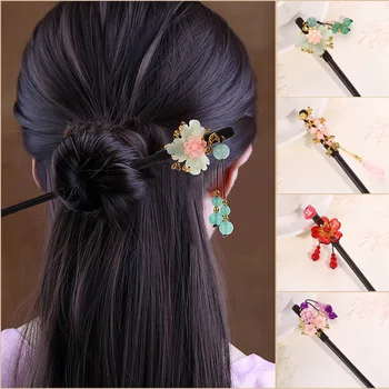 Модни Пръчки за коса в китайски стил, реколта дървени пръчици за хранене с цветове, женски щипки за коса, сватбена украса за коса, Аксесоари