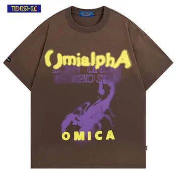 Годишният случайни топ, мъжки реколта тениска с изображение на Скорпион, мъжка тениска с писмото принтом, свободна памучен тениска Оверсайз с кръгло деколте