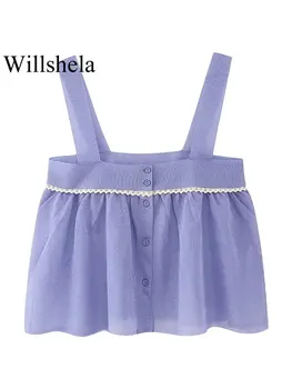 Willshela, дамска мода лилав цвят, однобортный съкратен камизола, реколта бретельки, квадратен яка, дамски шик дамски блузи