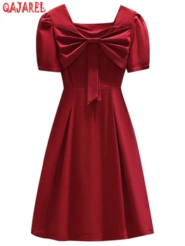 2023 Лятното модно корейска рокля с мини-вечерно лък, жена в елегантна вечерна рокля, ежедневното празнично винтажное червено красива рокля Хепбърн