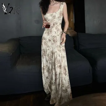 Y2K облекло за почивка, елегантен сарафан, женски премяна, лятна рокля с флорални принтом рози, шикозни вечерни дамски рокли ZA