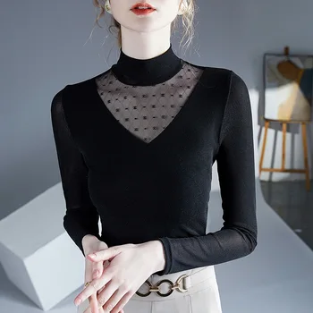Дамска тениска с дълъг ръкав, мрежести дантелени блузи големи размери, пролетно новата френска черна готически дамски дрехи, фланелка Оверсайз