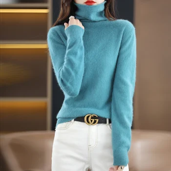 Хит на продажбите, женски вълнен пуловер от чиста кожа на норка, монофонични вязаный тънък женски пуловер с висока воротом, кратък пуловер от 100% кашмир