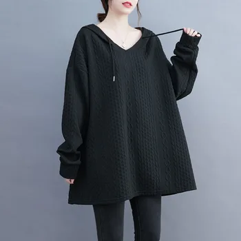 Пролет-есен 2023, дамски блузи, нов свободен тънък пуловер с качулка висок темперамент, мека женска hoody с релефни, дамски d005