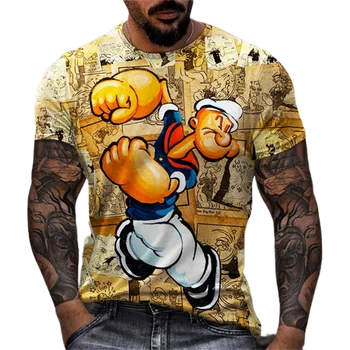 Мъжки реколта тениска свободно намаляване с кръгло деколте и 3D модел моряк, къс ръкав, уличен случайни топ и риза в стил хип-хоп, мъжки дрехи 6XL