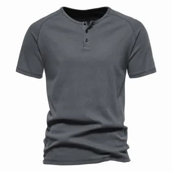 2023 Нови мъжки памучни ризи Henley, летни тениски с къс ръкав Regular Fit, мека тениска за фитнес, мъжки обикновена основни ежедневни потници, тениска Hombre
