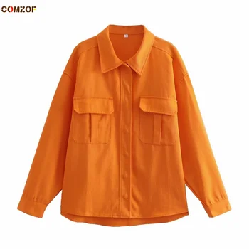 Оранжеви дамски есенни палта с дълъг ръкав, свободни модни якета, технологичная облекло в стил харадзюку, Върхове с джобове, Roupas Femininas