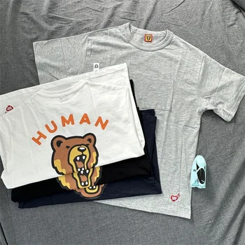 Висококачествена тениска, ръчно изработени с изображение на мечка, кръгъл отвор от памук с бамбуковым възел, къси ръкави, за мъже и жени е 1: 1