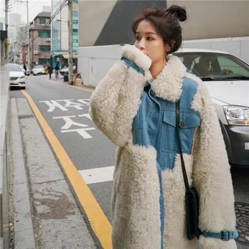 Hstar 2020 г., на новост, есенно-зимни дамски дълги дебели топли палта от изкуствена кожа, дамски модни и ежедневни руното яке в корейски стил в стил мозайка