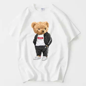 2023 Лятна памучен тениска оверсайз с принтом мечок от анимационен филм аниме топ с къс ръкав, мъжки и дамски тениска, ежедневни облекла за двойки