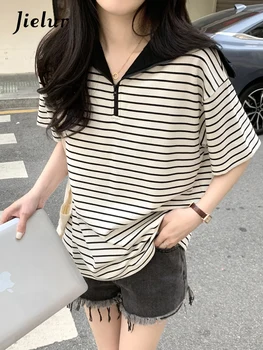 Лятна корея свободна женска тениска в лента в контрастен цвят, ежедневна мода градинска тениска, бяла прост основен топ