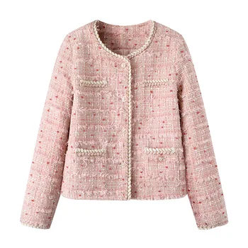 Пролет есен 2023, къса дамско яке от френското розово твида в клетката, ароматно качествено дамско палто