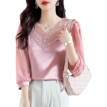 M-4XL, корейската модни дамски риза, пролет-лято, сатен шифоновые блузи с къс ръкав, лейси блуза в стил мозайка с пайети
