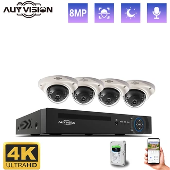 Система от камери за видеонаблюдение 4K 8MP 4CH H. 265 + POE NVR Комплект Външни метални куполни IP камери за видеонаблюдение с улавяне на звука и на лицето