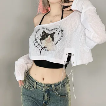 Женска тениска Y2k, скъсяване на потници, тениски с изображение на котка, приталенная лятна корейската мода, градинска облекло в стил харадзюку, къс ръкав, эстетичная облекло
