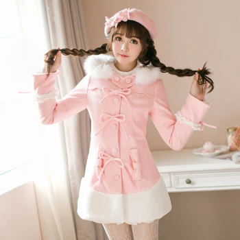 Палто сладка принцеса Лолита, зимни стил Синди Рейн, японска сладка принцеса, яка от козината на заек, вълна палто с пеперуда C22CD7210