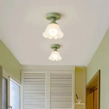 Френски тавана лампа за тераси, коридор, коридор, ретро стъклен цвете орхидея, осветление за гардероба на предната веранда, вътрешно оформление