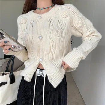 Жилетка-пуловер женски 2023 френски кратък вязаный жилетка за намаляване на възрастта, палта за жени, висококачествен мек восък пуловер за тежката индустрия