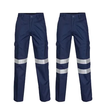 Тъмно сини памучни панталони за мъже с светоотражателями, работни панталони, мъжки светлоотразителни защитни панталони за работа на пътя
