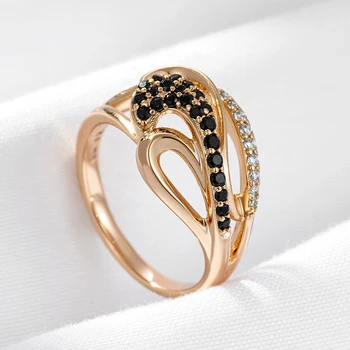 Wbmqda Ново уникален пръстен с черен натурален цирконием в готически стил за жени от розово злато проба 585, ретро Изискани аксесоари за всеки ден украса