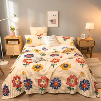1 бр. коралови кадифе одеяла с цветя за легла, спални, топло стеганое одеяло, начало декор, 1,5 m на 1,8 m, кралски размери, удобни легла, пухени
