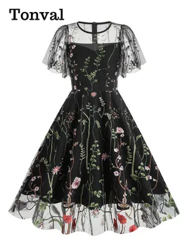 Елегантни Рокли за партита Tonval луксозни 2023, женски лятото винтажное рокля с кръгло деколте и къс ръкав, расшитое цветна мрежа